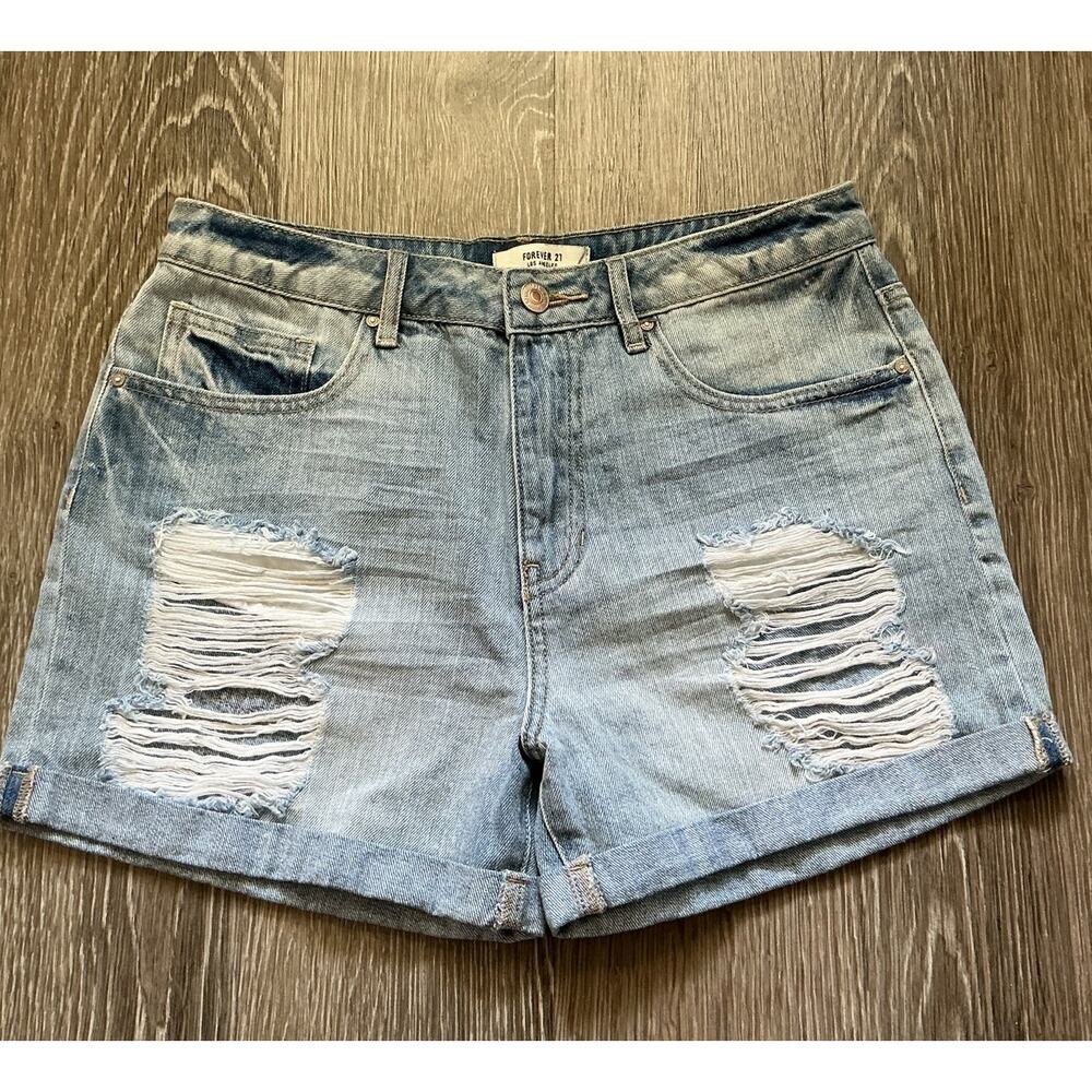 Forever 21‎ Light Wash Distressed Cut Off Roll Up Denim Shorts Womens 26